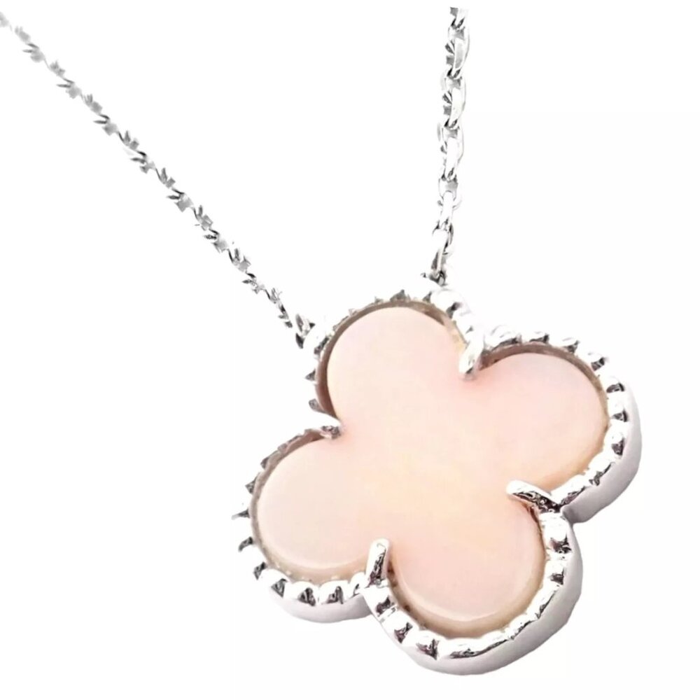 Van Cleef & Arpels Alhambra 18k White Gold Pink Opal Necklace